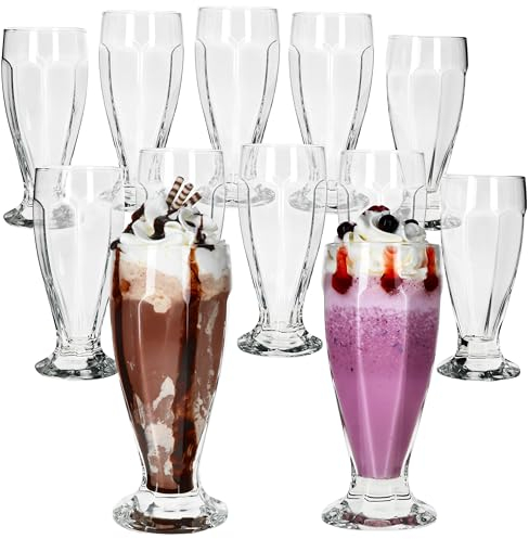 MamboCat LONDON Lot de 12 coupes à glace, hautes, avec pied, en verre, 350 ml, coniques en relief, pour dessert, milkshakes, café glacé, cocktails et fruits
