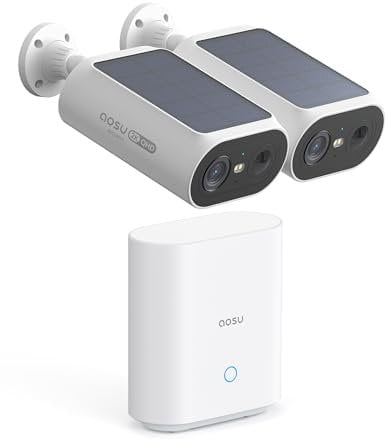 AOSU 2K Überwachungskamera Aussen Solar Akku 2 Cam-Kit mit Station Integrierte Solarplatte 0 Gebühr 32GB Lokaler Speicher AI Personerkennung Licht- & Tonalarm 2-Wege-Audio Farbige Nachtsicht IP65