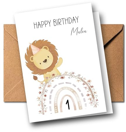 Generisch Boho-Geburtstagskarten für Kinder – niedliche Tiermotive, personalisiert mit Name und Alter, für den perfekten Kindergeburtstag! (Löwe)