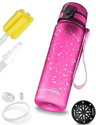 My Vesperbox Minny - Borraccia per bambini, 500 ml, a prova di perdite e senza BPA, con guarnizione di ricambio, spazzola per la pulizia, filtro per frutta e cannuccia opzionale, ideale per scuola