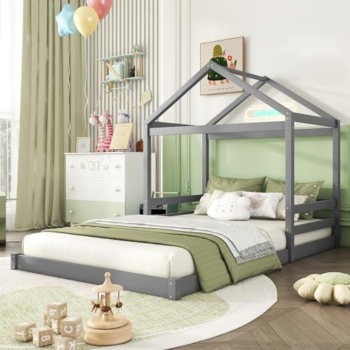 NNJN Hausbett, Kinderbett in Hausform mit Lattenrost, Kiefernholz, Minimalistischer Stil,140 x 200 cm(ohne Matratze) (Grau)