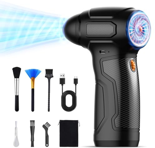 Tomzio Electric Air Duster, 200,000 RPM 8000mAh Rechargeable Compressed Air Alternative with 6 Brushes, Handheld Blower for Car Bike, Workshop, Grill, 3D Printing, Slide Speed Control (Orange)