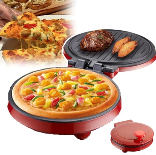 10 in Countertop Pizza Maker, 180 Degrees Open, Non-Stick Cooking Plate/Easy Cleaning, Double-Sided Heating/Baking Evenly, for Pizza Quesadillas, Meals for 2-3 People,Red