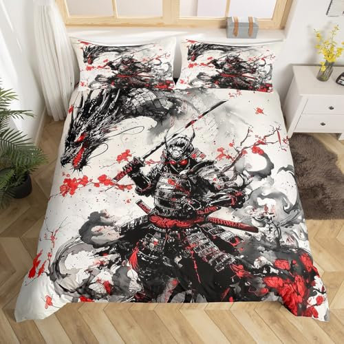 Juego de funda de edredón de Samurai japonés, tamaño Super King, juego de ropa de cama de 3 piezas para niños y adolescentes, flores de Sakura roja, funda de edredón con pintura de tinta, 2 fundas de