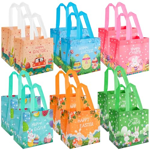 12 Stück Ostertüte Geschenktüten mit Griff, wiederverwendbare Geschenktüte mit Häschen-Osterei,wasserdichte Ostertüte für Feiertagsgeschenke, Geschenk-Tragetaschen für Kinder (21x 20 x 15 cm)