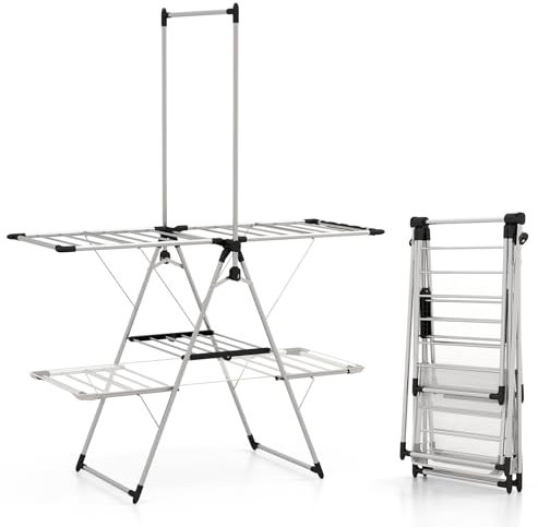HOMASIS Tendedero Vertical Plegable de 2 Niveles, Secador de pie con ala Ajustable, Perchero de Malla con Barra de Colgar, Torre de Secado de Ropa para Interior y Exterior, 138x63x182cm, Plateado