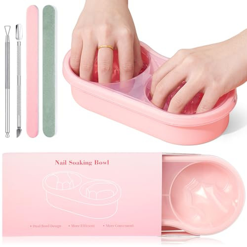 Quaferen Dual Nail Soaking Bowl: 2-in-1 Nail Polish Remover Manicure Bowl with Cuticle Tools for Women, Time-Saving Soak Off Acrylic Nail Removal Kit for Salon Home (Pink)