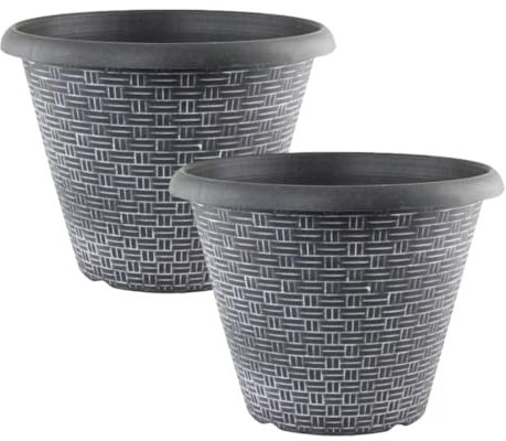 Fyne-Finds Round Plastic Plant Pot 30cm, 12inch Black Woven 9L Home Garden Outdoor Planter Cover Drainage Holes, Weather, Frost Proof (2)