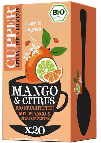 Cupper Bio Früchtetee Mango Citrus | Mango & Zitrus | 20 Teebeutel | Fruchtiger Früchtetee | ungebleichte Teebeutel | fair gehandelt | natürlich aromatisiert