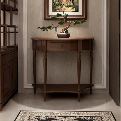 SEIFE Console Demi-Lune,Console en Bois Massif,Console avec tiroirs de Rangement,Table de canapé Demi-Ronde, décoration de Couloir et d'entrée(Dark Walnut,23.6x11.8x31.5in)