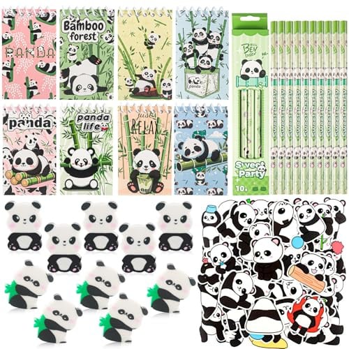 Phlognfy Panda Kindergeburtstag Geschenke, 78Pcs Panda Kinder Schulsachen Set, Mit Bleistift Spirale Notizblock Radiergummis Aufklebers, Für Mädchen Jungen Panda Theme Party Geschenke