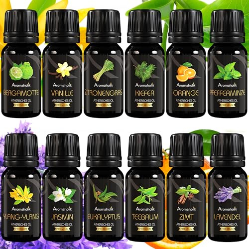 Aromaholik 12er Set Ätherische Öle BIO 100% natürlich – Aromatherapie & Wellness – Essential Oil Set 12 × 10ml, zertifiziertes Öl aus Indien