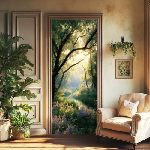 arricraft 2 Sheets Self-Adhesive Door Sticker, 80cmx200cm/31.5x78.7inch Wildflower Forest Creek Door Murals Stickers PVC Removable Wallpaper Decoration for Home Bedrooms ​Living Room