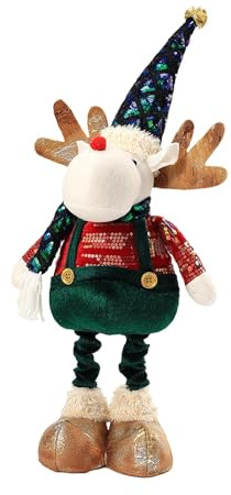 Milageto 60 cm Weihnachts-Elch Weihnachtsfigur mit ausziehbaren Teleskopbeinen, stehende Elch-Dekofigur mit Schal & Mütze, Rentierpuppe als Geschenk für Bücherregal, Treppe, Eingangsbereich