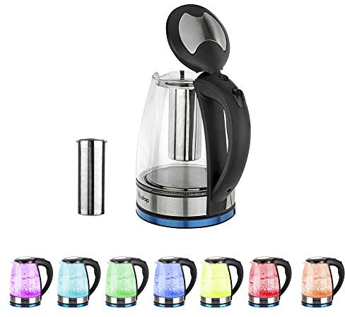 WISLAS - Electric Kettle with Filter, 1.8L Teapot and Hot Water Boiler for Coffee, Teapot and Water Heater, Auto Shut-Off, Borosilicate Glass, 7 Colors LED Lights