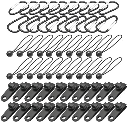 Ollanoos Set of 20 Heavy Duty Tarp Clips with Thumb Screw, Carabiner and Bungee Ball Cords, Ideal for Securing Tarps, Awnings, and Camping Canopies