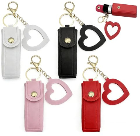 DOVBAN 4 Pezzi Porta Rossetto,Borsa in Pelle per lucidalabbra Con Portachiavi,Custodia Portatile,Regali per Donne (Nero +Bianco +Rosso +Rosa)
