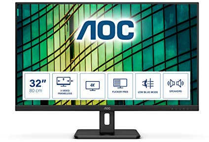 AOC U32E2N- Monitor office da 32 UHD (3840x2160, VA, 16:9, HDMI 2x2.0, Displayport 1x1.2, 350 cd/m, 60 Hz, 4ms, FlickerFree), nero