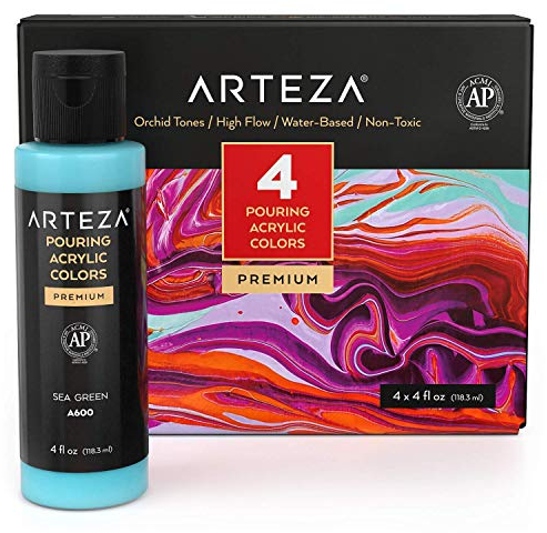 ARTEZA Acrylic Pouring Paint Set, 4 Orchid Colors, 4 oz Bottles, High-Flow Paint, No Mixing Needed, Art Supplies for Canvas, Glass, Paper, Wood, Tile, and Stones