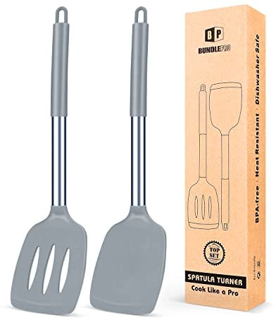 Juego de 2 Espátulas de Silicona, Espátula Antiadherentes Resistente al Calor, Utensilios de Cocina para Servir, Freir, Cocinar Huevos, Peacado, Verduras, Steak, Tortitas(Gris)
