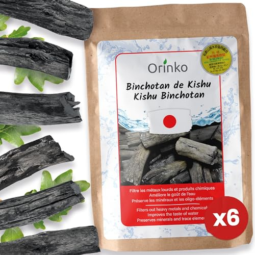 ORINKO ® Binchotan Bio Charbon Actif Eau x6 – Puissante Filtration Naturelle 2,5L/Bâton – Chêne Japonais Authentique (Kishu, Wakayama) – Idéal pour Carafe, Fontaine, ou Gourde - Taille M