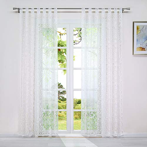 HeichkelL Transparente Gardine Ausbrenner mit Schlaufen Blumen-Muster Voile Vorhänge für Wohnzimmer Schlaufen Gardinenstores Lichtdurchlässig 1 Stück 140x245 cm (BxH) Weiß