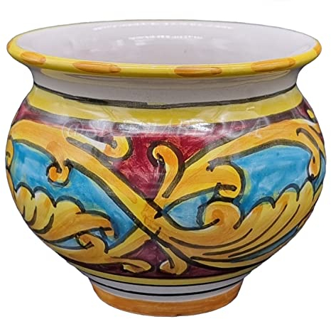 Sicilia Bedda - VASO IN CERAMICA SICILIANA - Decorazione Maioliche - Prodotto Artigianale di Alta Qualità - DIAMETRO 10 CENTIMETRI (Rosso Giallo e Celeste)