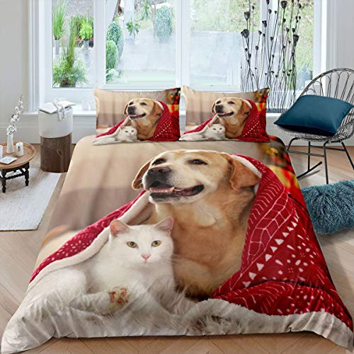 Katze und Hund Trösterbezug Schöne Puupy Hund Katze Bettbezug Set Nette Tiere Bettwäsche Set Für Kinder Jungen Mädchen Katze Hund Partter Bedruckte Steppdecke Mit 1 Kissenbezug 135x200 Rot Braun