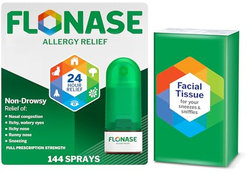 Flonase Allergy Relief Nasal Spray, 24-Hour Non-Drowsy Multi-Symptom Relief � 144 Sprays, Bonus Pack of Tissues