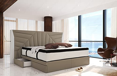 Sofa Dreams Boxspringbett Monaco in Mikrofaser mit Stauraum LED Licht und USB Anschlüssen 140x200 160x200 180x200 200x200 200x220 (200 x 220 cm, Taupe-Weiß-m21)