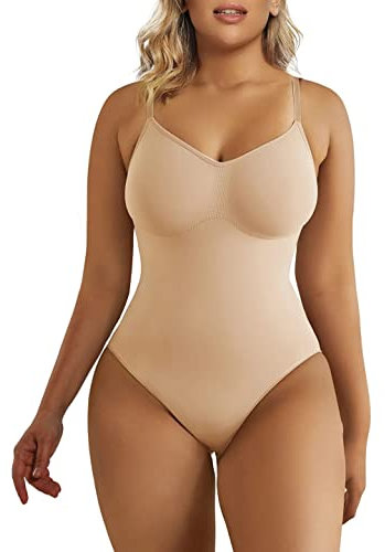SHAPERX Bodysuit Figurenformend Damen Body Shaper Bauchweg Sculpting Shapewear Tanga Ganzkörper Formende Bodys Verstellbarer Schultergurt, UK-SZ5215-Beige-XXS/XS