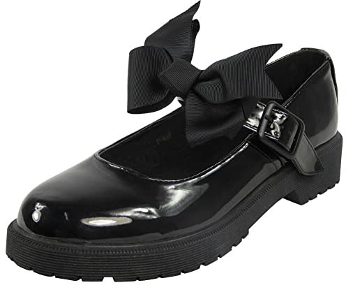 LoudLook Ladies Patent Grip Faux Leather Bow Buckle Comfy School Casual School Work Shoes Sizes Black 6