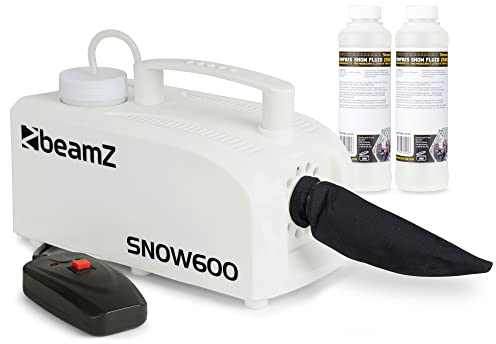 BeamZ SNOW600 Set Schneemaschine mit Flüssigkeit, 600 Watt Schnee Maschine mit Kabelfernbedienung, Snow Machine mit Konzentrat zum Mischen, mini Schneekanone Garten, Party Gadget, Winter Simulation
