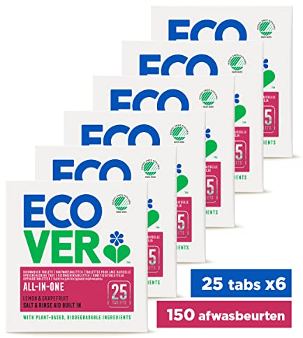 ECOVER - Vaatwastabletten ALL-IN-ONE - Lemon & Grapefruit - HALFJAARBOX - 6 x 25 stuks - Voordeelbox - Voordeelverpakking