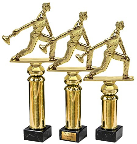 eberin – Eisstock Pokal aus Marmor in 3 Größen – Trophäe und Award mit Gravur – Eisstockspieler auf Goldsäule