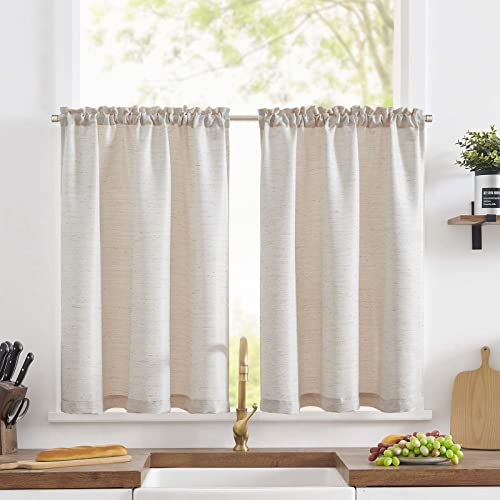 TOPICK Scheibengardine Leinenoptik Bistrogardine 2er Set 115Hx90B cm Uni Kurzer Küche Vorhänge Gewebe Gitter Lichtfilterung Paarig Schals für Wohnzimmer Landhaus Kleine Fenster Beige