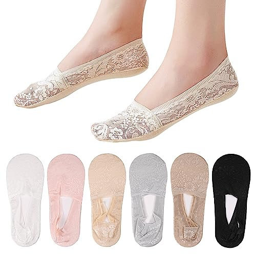 6 Pairs Women No Show Lace Socks Cotton Non-slip Breathable Ankle Socks Invisible Ultra Low Cut Liner Socks with Silicone Strips for Loafers Sneakers and High-heel Shoes - Black Nude Grey White Pink