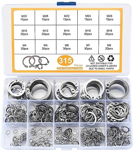 Set 315 Pezzi Anelli di Sicurezza, Assortimento di Seeger ad Anello Elastico, Fermagli E-Clip Interni, 4-28 mm Fermagli C-Clip Esterni per Alberi Scanalati - Nero (Argento)