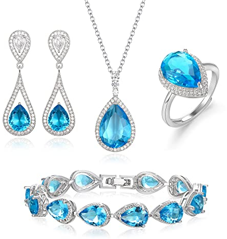 EVER FAITH Zirkonia Schmuck Set für Braut Hochzeit Teardrop Statement Anhänger Halskette, Ohrringe, öffnen Rin und Tennis Armband Geschenke Himmelblau Silber-Ton