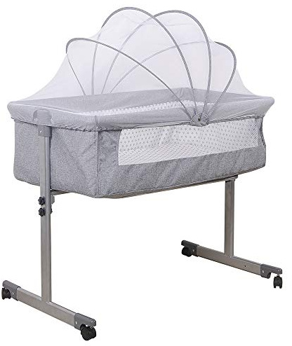 XUANYU Babybett und Babywiege, Beistellbett Baby mit Rollen, Matratze und Moskitonetz, Reisebett Baby für Babys von 1 bis 36 Monaten, Matratzenstärke 2 cm (Grau A 96×57×77 cm)