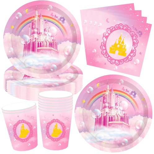 JAHEMU Stoviglie per feste Castello Principessa Decorazioni per Feste di Compleanno Piatto Bicchiere Tovaglioli per Bambini Compleanno 10 Ospit