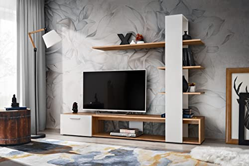 ASM Composition Murale eco pour TV en Bois - Blanc/Beige - H 152 X P 35 X L 190 Cm