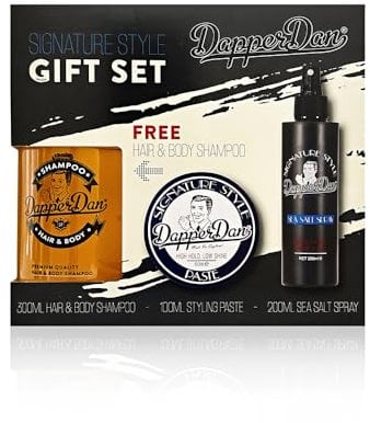 Dapper Dan Signature Style Gift Set, Includes High Hold and Low Shine Signature Style Paste 100ml, Texturizing Signature Style Sea Salt Spray 200ml and Hair and Body Shampoo with Vitamin B5 300ml