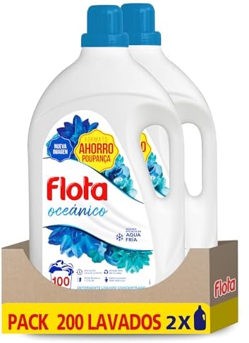 FLOTA | Detergente Líquido Quitamanchas incluso en Agua Fría para Lavadora | Ropa Blanca y de Color | Fragancia Oceánico | 2x100 Lavados | Formato Familiar