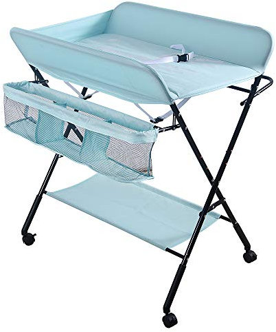 Wickelkommode Klappbar Babypflegetisch, Mobiler Wickeltisch, Tragbar Wickeltisch, Wickeltisch mit Sicherheitsgurt Ablagefächern (80 * 66 * 98cm/blau)