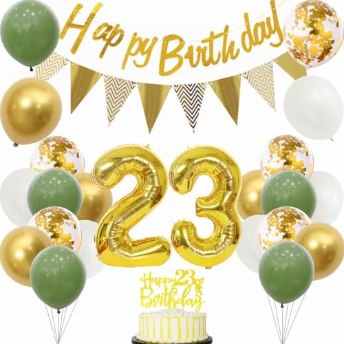 Yunchu Online 23. Geburtstag Deko für Frauen und Männer - Sage Grün Weiß Gold Party Ballons und Tortendeko für Geburtstagsdeko