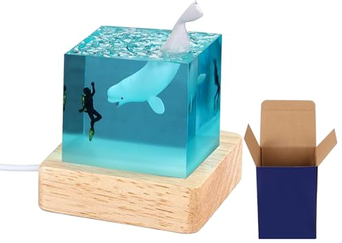 cimsfcor Epoxidharz Hai Nachtlicht, Nachtlampe mit Buckelwal Hai Taucherlampe mit Holzsockel für Home Office Dekoration (Beluga Wal)