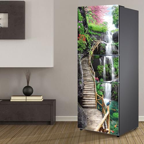 Fridge Wraps Kitchen Fridge Stickers Cover Full Doors, Fridge Sticker Full Covering Door Fridge Covers Skins Wall Stickers for Kitchen Decal, Waterfall Climbing Step Landscape