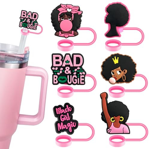 6 fundas de paja rosa y negra para taza Stanley, bonitos accesorios de silicona para tapas de popote de 10 mm