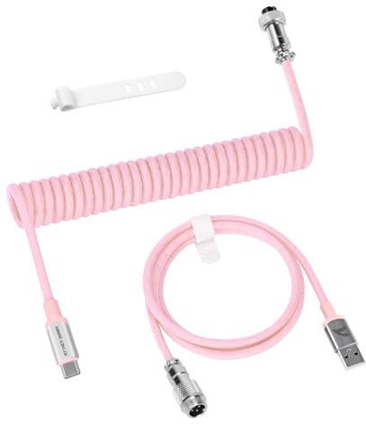 ATTACK SHARK C01 PRO Coiled USB C Cable for Gaming Keyboard, Type-C to USB-A, Custom Braided Double-Sleeved Mechanical Keyboard Charger Cable with Detachable Aviator Connector, Pink